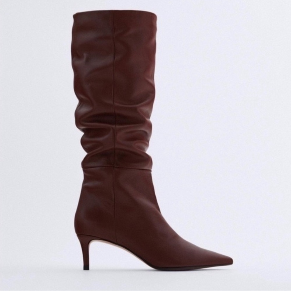 Zara leather kitten heel knee high boots